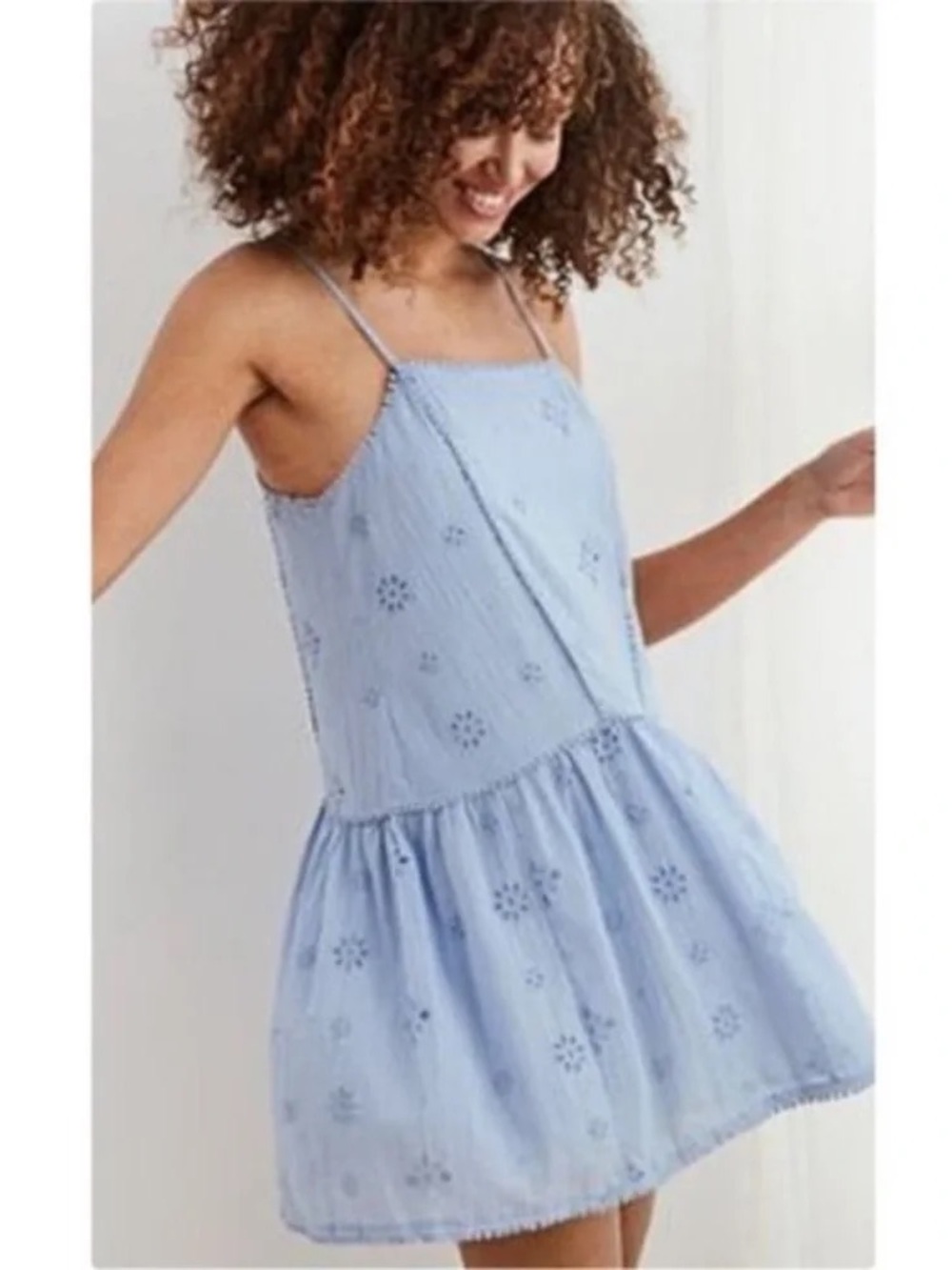 Aerie Weekend Tiered Eyelet Babydoll Dress in Periwinkle / Light Blue